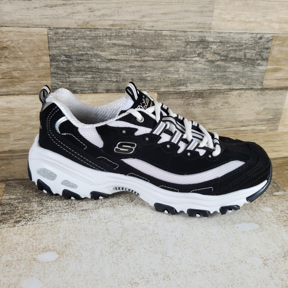 Skechers D'lites Biggest Fan Womens Shoe Sz 9 Black Leather Mesh Lace Up Sneaker